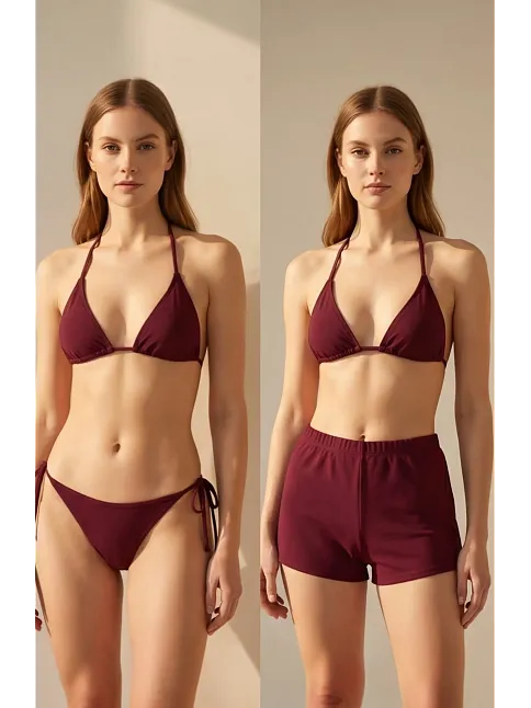 Kadın 3'lü Set Bordo Şortlu Ve Yandan Bağlamalı Bikini Mayo Takımı Kadın 3'lü Set Bordo Şortlu Ve Yandan Bağlamalı Bikini Mayo Takımı
