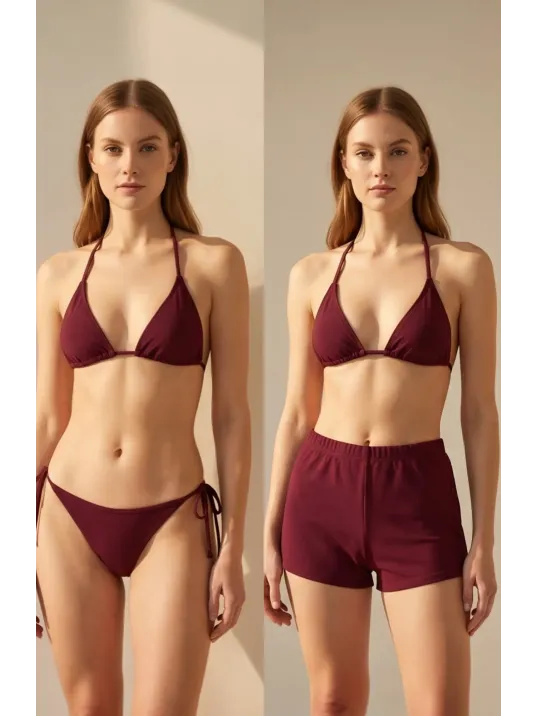 Kadın 3'lü Set Bordo Şortlu Ve Yandan Bağlamalı Bikini Mayo Takımı