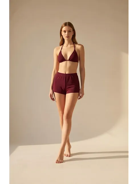 Kadın 3'lü Set Bordo Şortlu Ve Yandan Bağlamalı Bikini Mayo Takımı Kadın 3'lü Set Bordo Şortlu Ve Yandan Bağlamalı Bikini Mayo Takımı