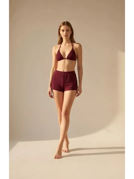 Kadın 3'lü Set Bordo Şortlu Ve Yandan Bağlamalı Bikini Mayo Takımı