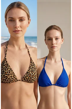 Kadın Leopar Desenli Ve Mavi Minimal Kesim Üçgen Bikini Üstü – Modern Ve Şık Tasarım