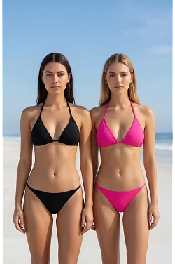 Kadın Siyah Ve Fuşya Minimal Kesim Üçgen Bikini Üstü – Modern Ve Şık Tasarım