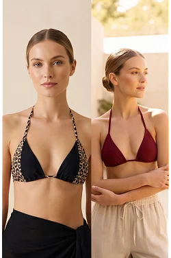 Kadın Leopar Desenli Ve Bordo Minimal Kesim Üçgen Bikini Üstü – Modern Ve Şık Tasarım