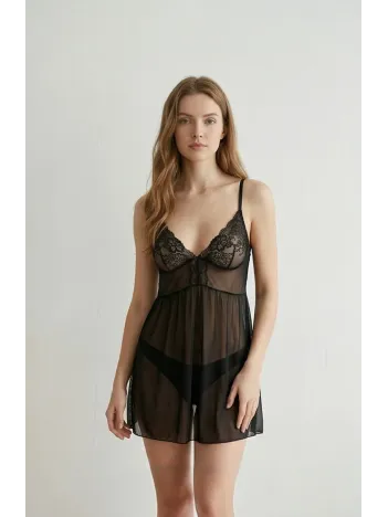 Kadın Siyah V Yaka Dantel Detaylı Tül Gecelik