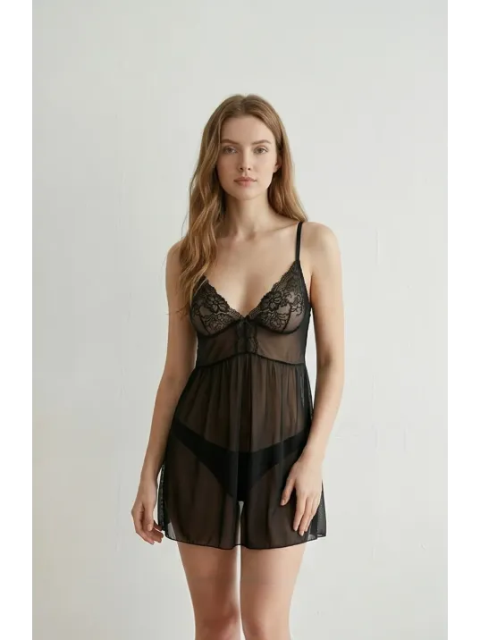 Kadın Siyah V Yaka Dantel Detaylı Tül Gecelik