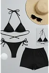 Kadın 3'lü Set Siyah Şortlu Ve Yandan Bağlamalı Bikini Mayo Takımı Kadın 3'lü Set Siyah Şortlu Ve Yandan Bağlamalı Bikini Mayo Takımı