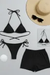 Kadın 3'lü Set Siyah Şortlu Ve Yandan Bağlamalı Bikini Mayo Takımı