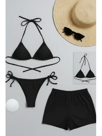 Kadın 3'lü Set Siyah Şortlu Ve Yandan Bağlamalı Bikini Mayo Takımı