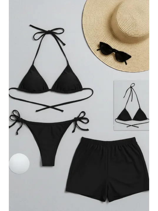 Kadın 3'lü Set Siyah Şortlu Ve Yandan Bağlamalı Bikini Mayo Takımı