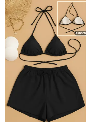 Kadın 3'lü Set Siyah Şortlu Ve Yandan Bağlamalı Bikini Mayo Takımı