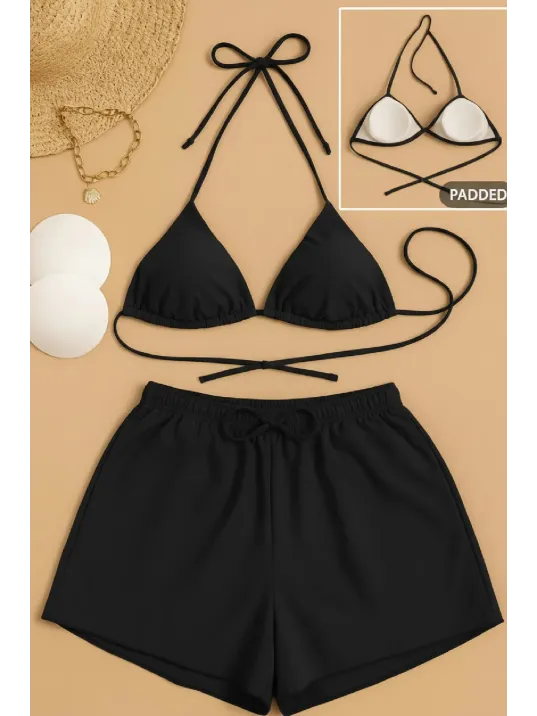 Kadın 3'lü Set Siyah Şortlu Ve Yandan Bağlamalı Bikini Mayo Takımı