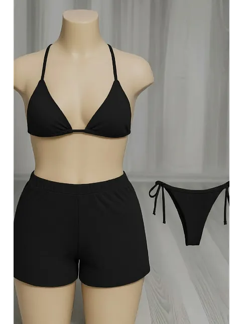 Kadın 3'lü Set Siyah Şortlu Ve Yandan Bağlamalı Bikini Mayo Takımı Kadın 3'lü Set Siyah Şortlu Ve Yandan Bağlamalı Bikini Mayo Takımı