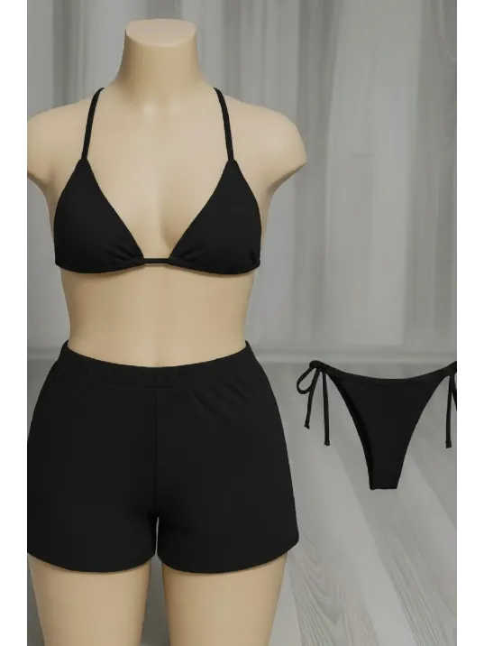 Kadın 3'lü Set Siyah Şortlu Ve Yandan Bağlamalı Bikini Mayo Takımı