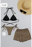 Kadın 3'lü Set Siyah Ve Leopar Desenli Şortlu Yandan Bağlamalı Bikini Mayo Takımı Kadın 3'lü Set Siyah Ve Leopar Desenli Şortlu Yandan Bağlamalı Bikini Mayo Takımı