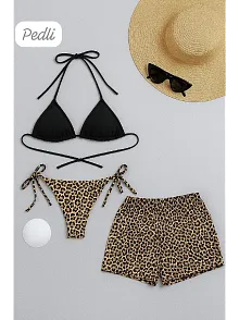 Kadın 3'lü Set Siyah Ve Leopar Desenli Şortlu Yandan Bağlamalı Bikini Mayo Takımı