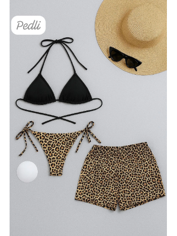 Kadın 3'lü Set Siyah Ve Leopar Desenli Şortlu Yandan Bağlamalı Bikini Mayo Takımı