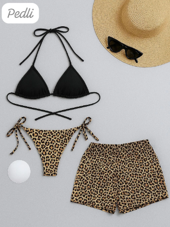 Kadın 3'lü Set Siyah Ve Leopar Desenli Şortlu Yandan Bağlamalı Bikini Mayo Takımı