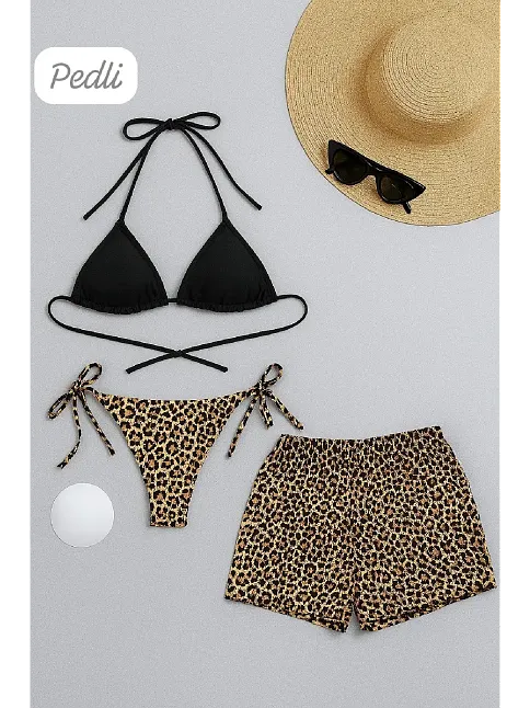 Kadın 3'lü Set Siyah Ve Leopar Desenli Şortlu Yandan Bağlamalı Bikini Mayo Takımı Kadın 3'lü Set Siyah Ve Leopar Desenli Şortlu Yandan Bağlamalı Bikini Mayo Takımı