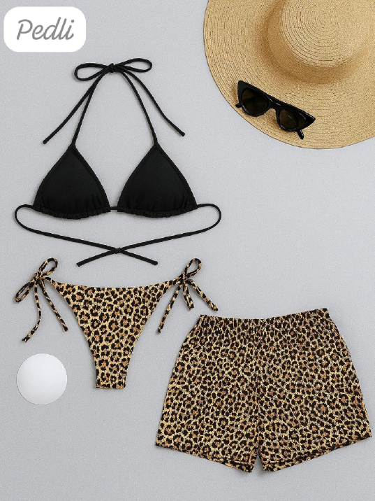 Kadın 3'lü Set Siyah Ve Leopar Desenli Şortlu Yandan Bağlamalı Bikini Mayo Takımı