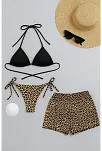 Kadın 3'lü Set Siyah Ve Leopar Desenli Şortlu Yandan Bağlamalı Bikini Mayo Takımı Kadın 3'lü Set Siyah Ve Leopar Desenli Şortlu Yandan Bağlamalı Bikini Mayo Takımı