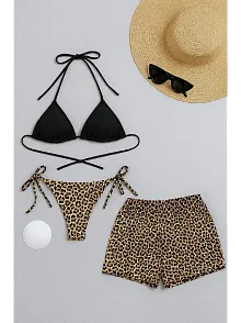 Kadın 3'lü Set Siyah Ve Leopar Desenli Şortlu Yandan Bağlamalı Bikini Mayo Takımı