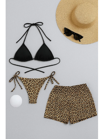 Kadın 3'lü Set Siyah Ve Leopar Desenli Şortlu Yandan Bağlamalı Bikini Mayo Takımı