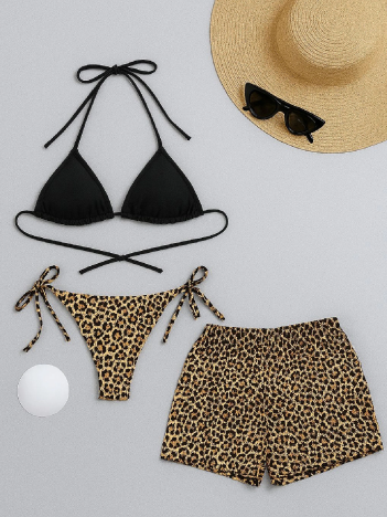 Kadın 3'lü Set Siyah Ve Leopar Desenli Şortlu Yandan Bağlamalı Bikini Mayo Takımı