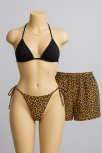 Kadın 3'lü Set Siyah Ve Leopar Desenli Şortlu Yandan Bağlamalı Bikini Mayo Takımı