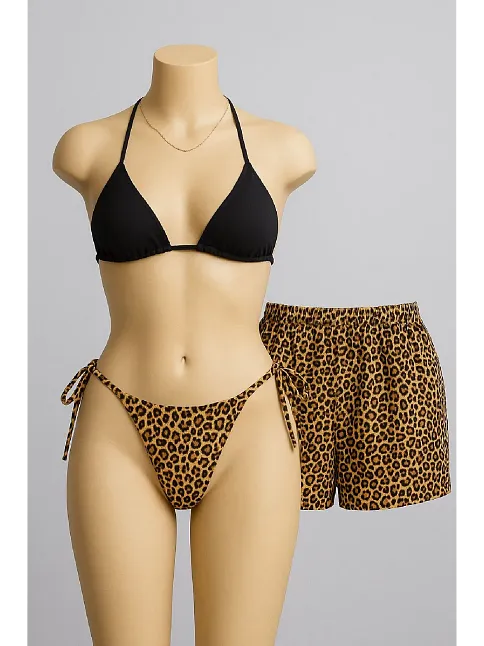 Kadın 3'lü Set Siyah Ve Leopar Desenli Şortlu Yandan Bağlamalı Bikini Mayo Takımı Kadın 3'lü Set Siyah Ve Leopar Desenli Şortlu Yandan Bağlamalı Bikini Mayo Takımı