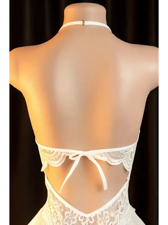 Kadın Beyaz Dantel Ve Tül Detaylı Derin V Yaka Teddy Gecelik