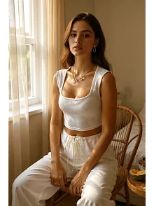 Kadın Beyaz Kare Yaka Kalınlaşan Omuz Detaylı Crop Top Bluz – Şık, Rahat Ve Kolay Kombinlenebilir