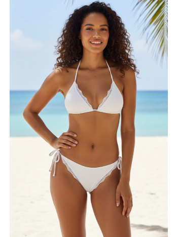 Kadın Beyaz Pedli Bel Ve Boyundan Bağlamalı Dantelli Şık Bikini Takımı