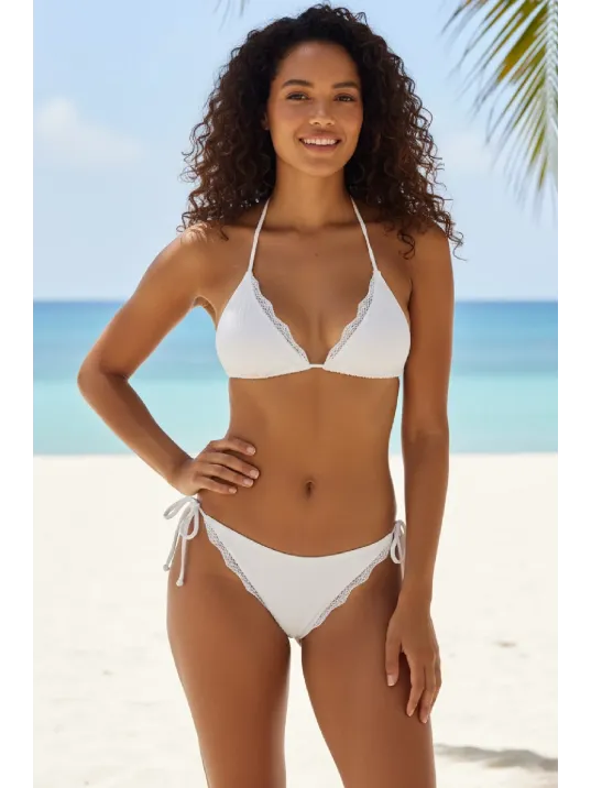 Kadın Beyaz Pedli Bel Ve Boyundan Bağlamalı Dantelli Şık Bikini Takımı