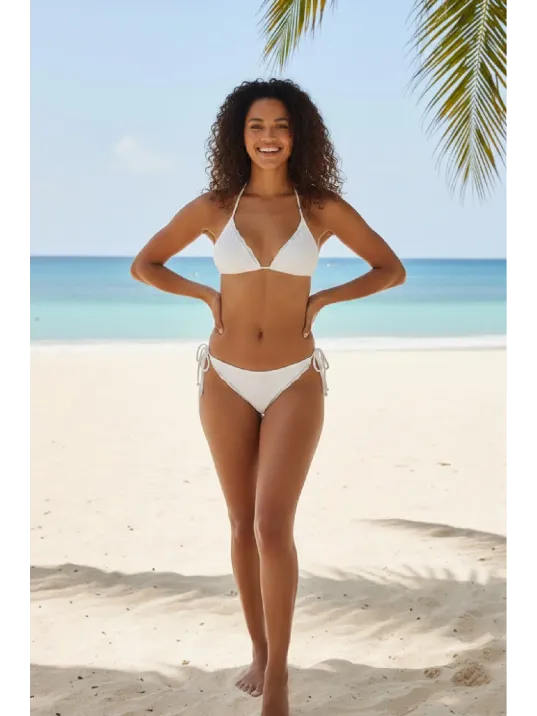 Kadın Beyaz Pedli Bel Ve Boyundan Bağlamalı Dantelli Şık Bikini Takımı