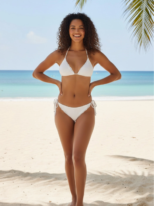 Kadın Beyaz Pedli Bel Ve Boyundan Bağlamalı Dantelli Şık Bikini Takımı