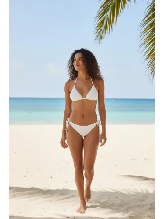 Kadın Beyaz Pedli Bel Ve Boyundan Bağlamalı Dantelli Şık Bikini Takımı