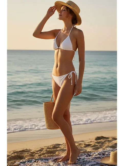 Kadın Beyaz Yandan Bağlamalı Bikini Mayo Takımı