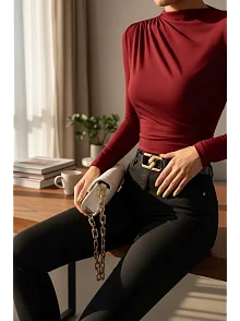 Kadın Bordo Belden Ve Boyundan Büzgü Detaylı Uzun Kollu Bluz Kadın Bordo Belden Ve Boyundan Büzgü Detaylı Uzun Kollu Bluz
