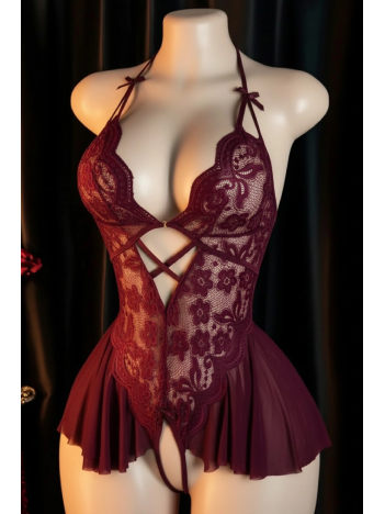 Kadın Bordo Dantel Ve Tül Detaylı Derin V Yaka Teddy Gecelik