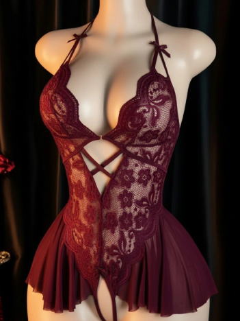 Kadın Bordo Dantel Ve Tül Detaylı Derin V Yaka Teddy Gecelik