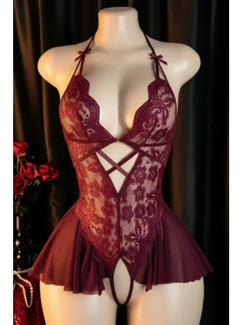 Kadın Bordo Dantel Ve Tül Detaylı Derin V Yaka Teddy Gecelik