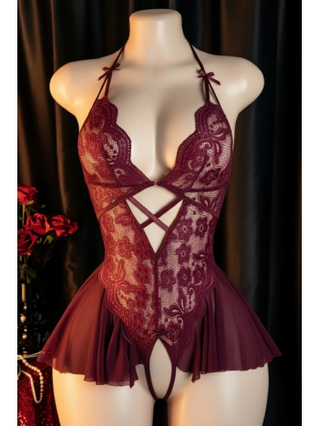 Kadın Bordo Dantel Ve Tül Detaylı Derin V Yaka Teddy Gecelik