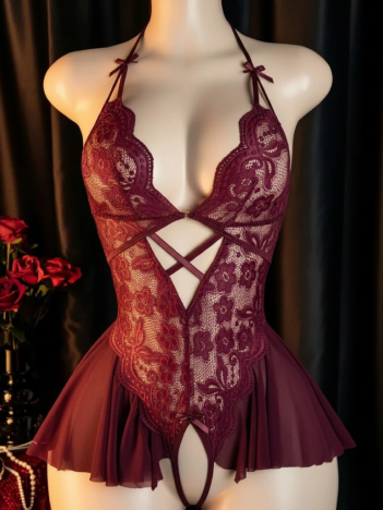 Kadın Bordo Dantel Ve Tül Detaylı Derin V Yaka Teddy Gecelik