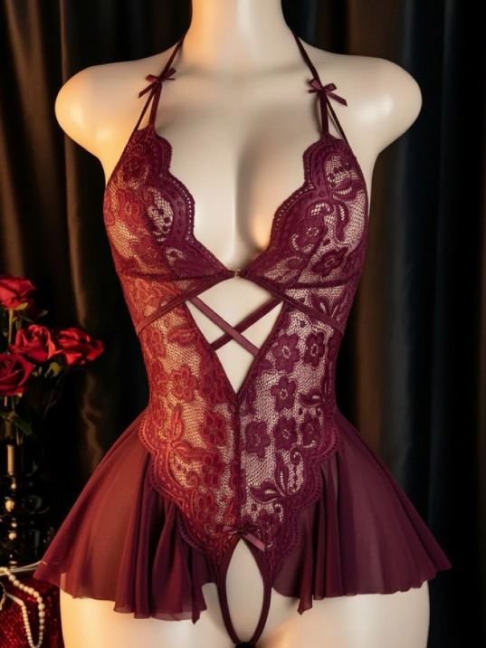 Kadın Bordo Dantel Ve Tül Detaylı Derin V Yaka Teddy Gecelik