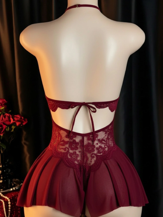 Kadın Bordo Dantel Ve Tül Detaylı Derin V Yaka Teddy Gecelik