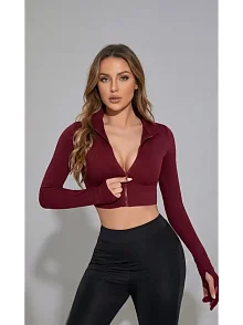 Kadın Bordo Uzun Kol Fermuarlı Parmak Geçme Detaylı Dik Yaka Crop Top Bluz