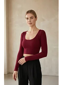 Kadın Bordo Uzun Kol Kare Yaka Crop Top Bluz