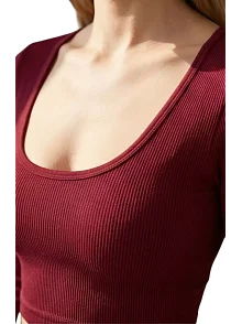 Kadın Bordo Uzun Kol Kare Yaka Crop Top Bluz Kadın Bordo Uzun Kol Kare Yaka Crop Top Bluz