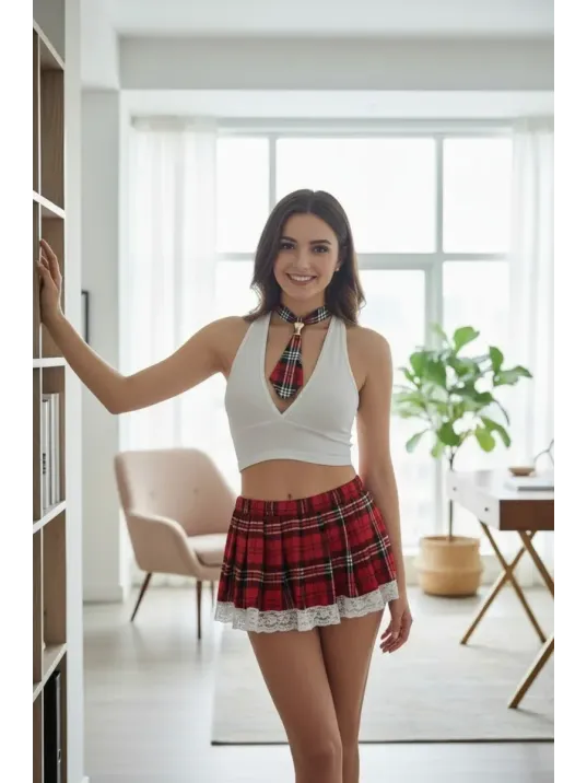 Kadın Cesur Ekoseli Dantelli Mini Etek, Tanga Ve Bluz Takım