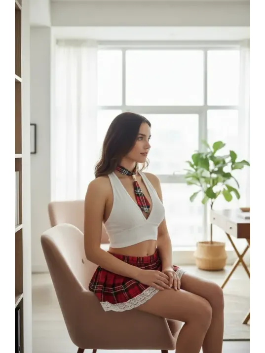 Kadın Cesur Ekoseli Dantelli Mini Etek, Tanga Ve Bluz Takım